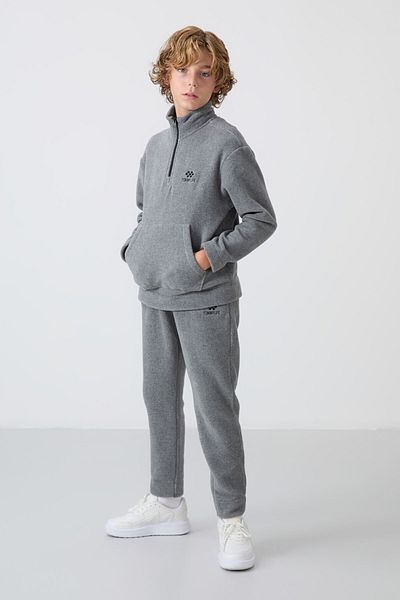 TOMMY LIFE Boy's Fleece Tracksuit Set - Gray Melange, Embroidered, Thick Soft Textured - 11218