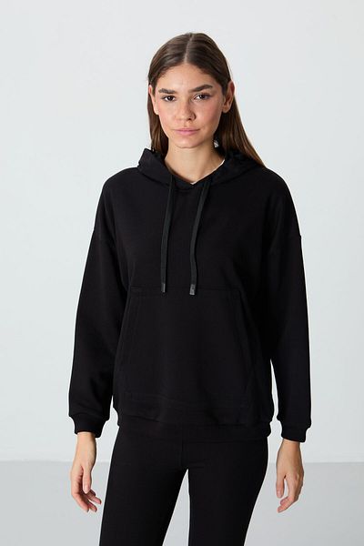 TOMMY LIFE Hanorac negru supradimensionat cu glugă pentru femei cu textura netedă groasă - 97291