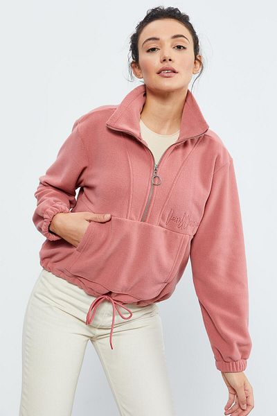 TOMMY LIFE Wild Rose Half Zipper Skirt Gathered Women's Fleece Oversize Sweatshirt - 97171