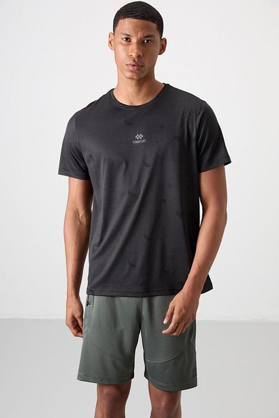TOMMY LIFE Μαύρο αναπνεύσιμο ζακάρ λεπτό ελαστικό ανδρικό μπλουζάκι Performance - 88397