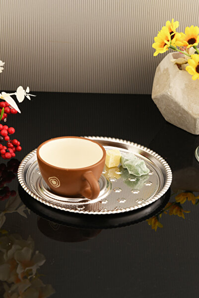 AKSESUAR EVRENİ Taval Round Patterned Tea and Coffee Enjoyment Presentation Tray Silver 1 Piece