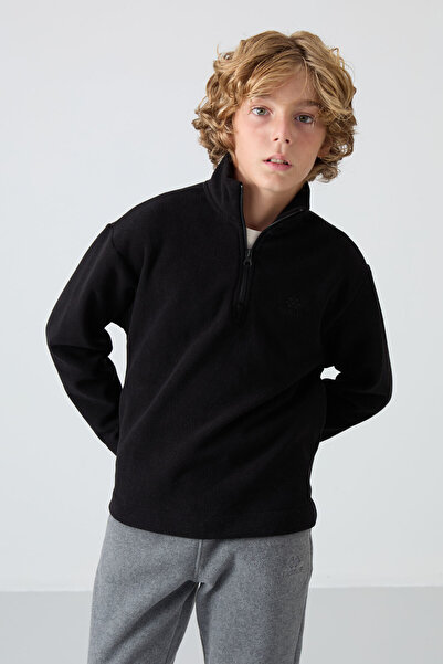 TOMMY LIFE Siyah Kalın Yumuşak Dokulu Standart Fit Nakışlı Polar Erkek Çocuk Sweatshirt - 11221