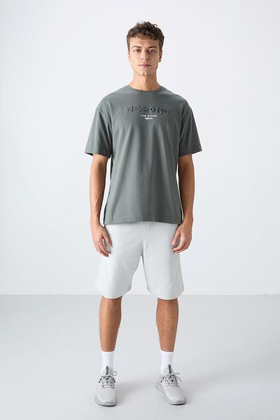 TOMMY LIFE Khaki Cotton Thick Soft Textured Oversize Fit Printed Men's T-Shirt - 88328