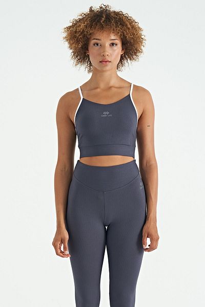 TOMMY LIFE Anthracite Back Cross Detailed Logo Printed Slim Fit Ribbed Women's Bustier - 97274