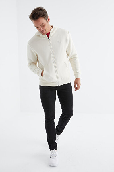 TOMMY LIFE Pánská mikina Ecru Basic s kapucí a pohodlným vyšíváním na zip - 88035