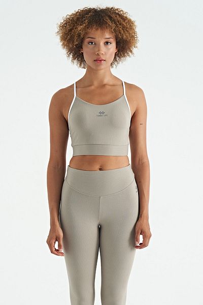 TOMMY LIFE Olive Green Cross Back Detailed Logo Printed Slim Fit Ribbed Women's Bustier - 97274