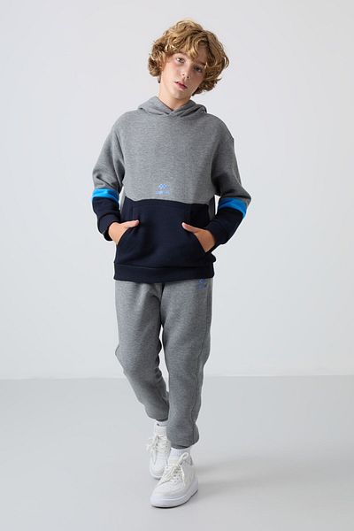 TOMMY LIFE Boy's Tracksuit Set - Gray Melange, Cotton, Thick Fur Inside, Soft Textured Embroidery