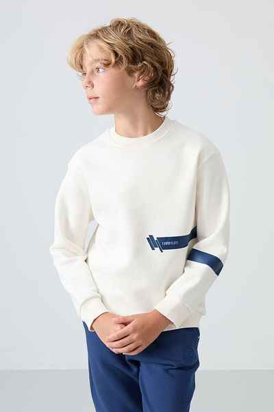 TOMMY LIFE Chlapecká mikina – ecru bavlna, uvnitř tlustá kožešina, měkká textura, potištěná – 11238