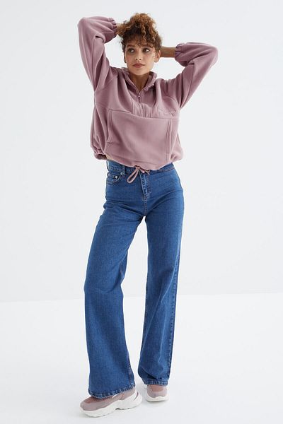 TOMMY LIFE Hanorac oversize din fleece pentru femei Dusty Rose, cu jumătate de fermoar, tiv adunat - 97171