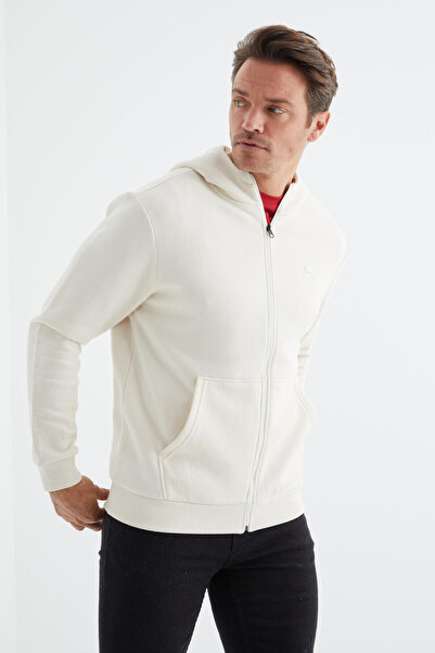 TOMMY LIFE Pánská mikina Ecru Basic s kapucí a pohodlným vyšíváním na zip - 88035
