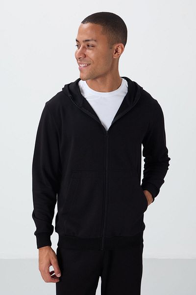 TOMMY LIFE Ανδρική φόρμα αθλητικής φόρμας με χοντρή λεία υφή, βαμβακερή κουκούλα - Μαύρο 85262