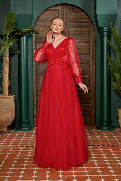 Lenta Moda Kırmızı Üç Boyutlu Aplik Detaylı Tül Kollu Maxi Boy Abiye ve Gece ...