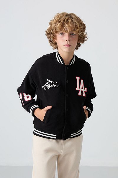 TOMMY LIFE Boys' College Jacket - Black Embroidered, Thick Soft Texture, Standard Fit - 11227