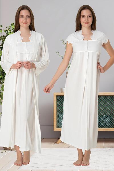 lohusahamile Ekru Fisto Yaka Gecelik ve Sabahlık Takımı