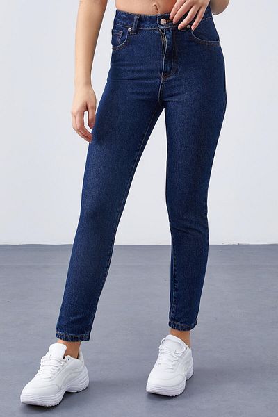 TOMMY LIFE Dark Blue High Waist Slim Fit Women's Trousers - 94612