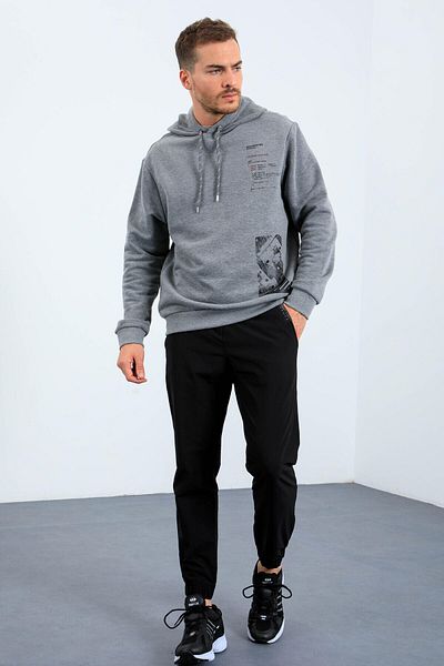 TOMMY LIFE Gray Melange Pattern Printed Hooded Comfortable Form Men's Sweatshirt - 88018