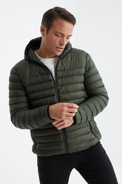 TOMMY LIFE Ανδρικό μπουφάν χακί, ανθεκτικό στο κρύο - Standard Fit, με φερμουάρ - 88167
