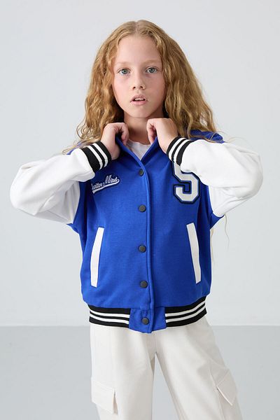 TOMMY LIFE Jachetă de colegiu pentru fete, brodata albastru de noapte, din bumbac, cu blană în interior, potrivire standard moale