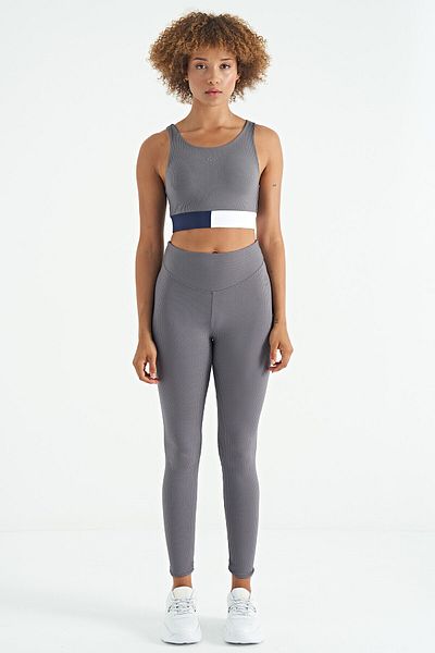 TOMMY LIFE Dark Gray Color Blocked Logo Printed Slim Fit Ribbed Women's Bustier - 97275