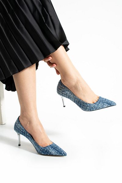 Güllü Shoes Сини дънкови обувки на тънък ток - 7 см метален ток, стилни и удобни с бродирани камъни