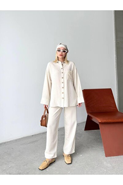 LE CARAMBOLE Women's Cream Pocket Lace Detailed Shirt and Pants Two Piece Set