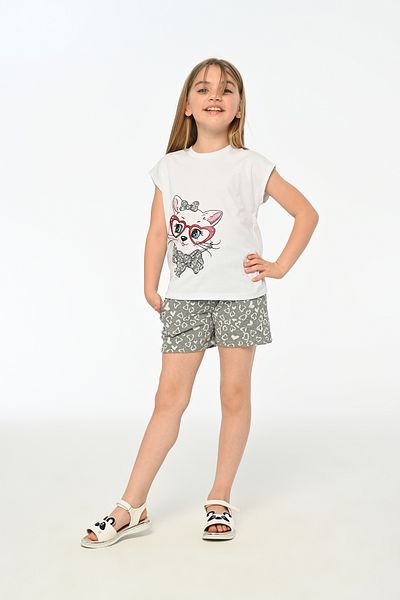 LupiaKids Cat Printed Girls' 2-Piece Set - Sleeveless T-Shirt & Shorts - White & Gray Summer Comfortable Set