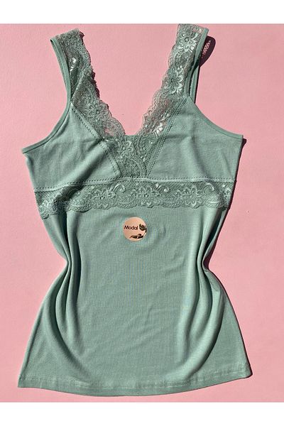 LEYNA BUTİK Modal Fabric Lace Strap V-Neck Women's Undershirt with Box Packaging Model