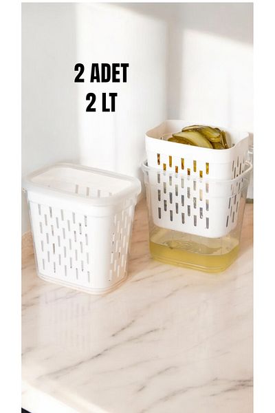 Buclee Set of 2 Rectangular Storage Containers with Drainer - Pickle Holder, Olive Holder, Multi-Purpose (2 X 2Lt)