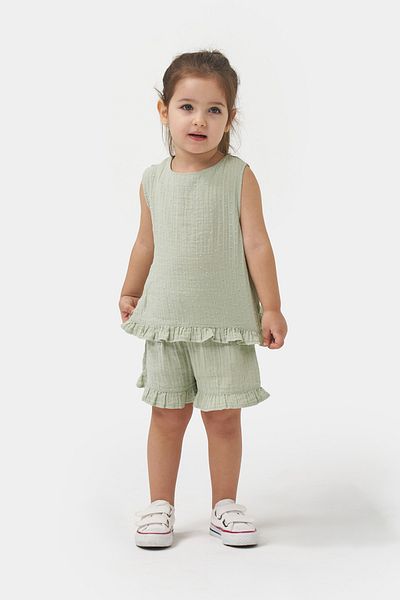 Minipodyum Girl's Summer Muslin Double Set with Ruffles on the Back