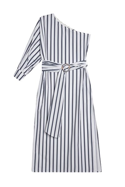 Beauty Omelette Mavi Çizgili Tek Omuz Beli Kuşaklı Poplin Elbise