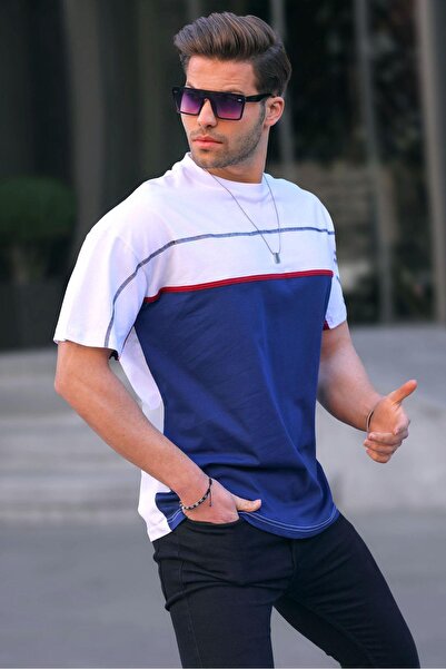 Madmext Ekru Renk Bloklu Erkek Tişört 6177