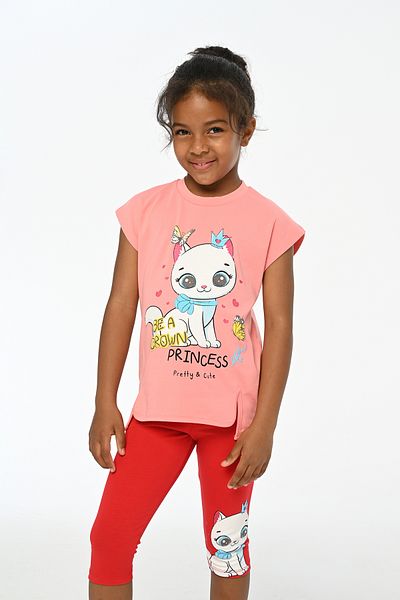LupiaKids Cat Printed Girl's 2-Piece Set - Short Sleeve T-Shirt & Leggings - Pink & Red