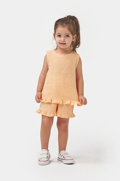 Minipodyum Girl's Summer Muslin Double Set with Ruffles on the Back