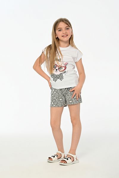 LupiaKids Cat Printed Girls' 2-Piece Set - Sleeveless T-Shirt & Shorts - White & Gray Summer Comfortable Set