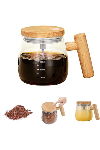 Primo Plus Glass Electric High Speed Mixing Cup, Self Stirring Coffee Mug with Lid &  400ml Battery Powered