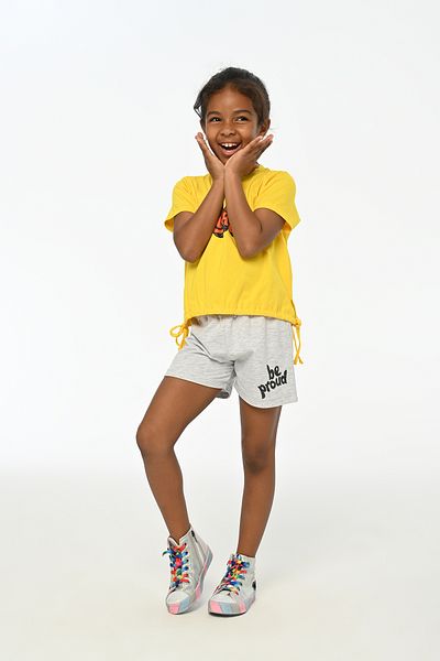 LupiaKids Summer Comfortable Combo: Girls 2-Piece Set - Side Tie T-Shirt & Shorts - Yellow & Gray