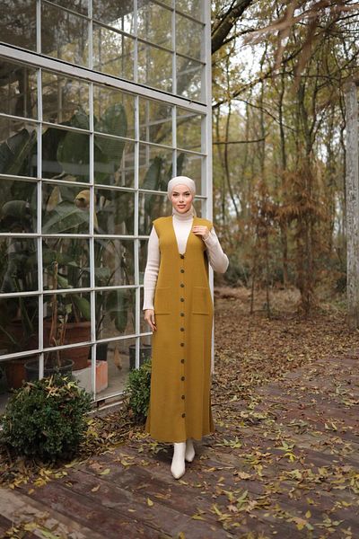 Nissra Mustard Buttoned and Pocketed Long Vest Nsr18201