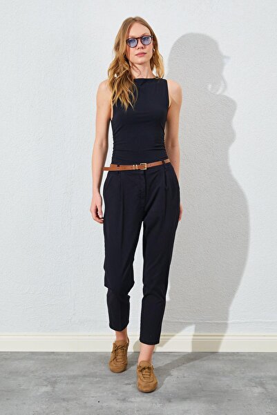 TENA Women's Black Side Pocket Carrot Leg Leather Belted Gabardine Trousers