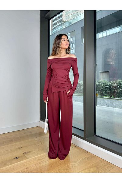 modaçelikler Madonna Collar Long Sleeve Blouse High Waist Loose Wide Leg Pants Bord Burgundy Women's Set 25Y140