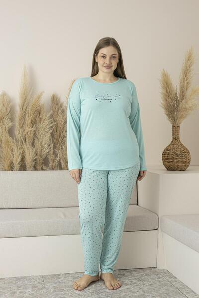 Estiva Kadın Yazlık Puantiyeli Uzun Kollu Viskon Battal Pijama Takımı