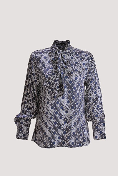 Nomads Felt Seljuk Pattern Navy Blue Foulard Collar 100% Silk Shirt