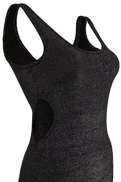 Beauty Omelette Siyah Yan Dekolteli Simli Triko Elbise