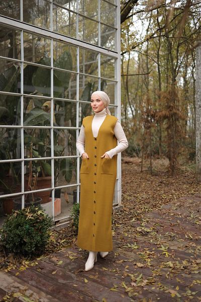 Nissra Mustard Buttoned and Pocketed Long Vest Nsr18201