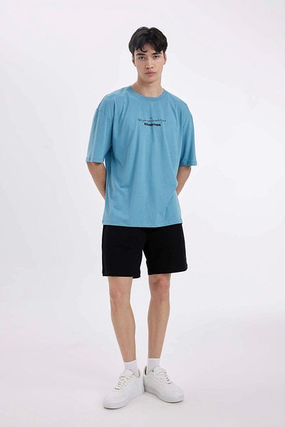 DeFacto C4084 Μπλε Oversize Φαρδύ μπλουζάκι με κοντό μανίκι με στάμπα στην πλάτη