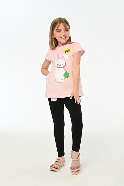 LupiaKids Rabbit Printed Girls' 2-Piece Set - Short Sleeve T-Shirt & Leggings - Pink & Black