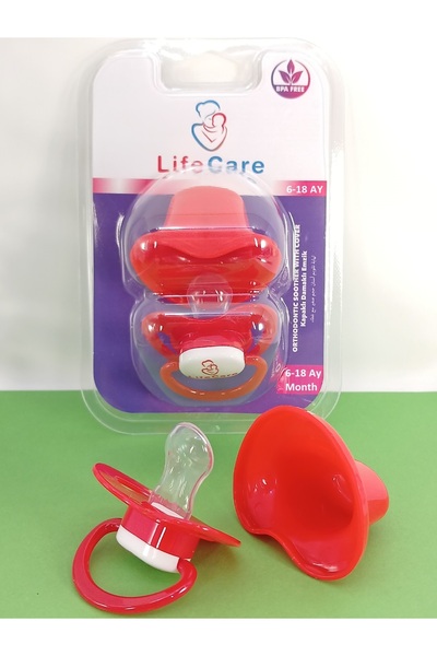 LifeCareBaby Koruma Kapaklı Damaklı Ortodontik Emzik 2 numara 6-18 Ay Kırmızı