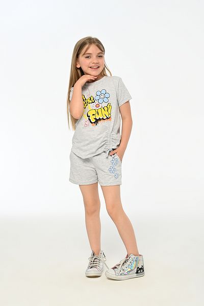 LupiaKids Floral Printed Girl's 2-Piece Set - Side Tie T-Shirt & Shorts - Gray Summer Comfortable Combination