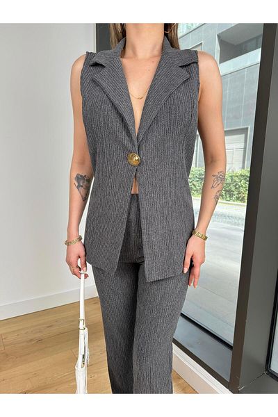 modaçelikler Detailed Vest - High Waist Spanish Leg, Pant Ulgan and Smoked Set