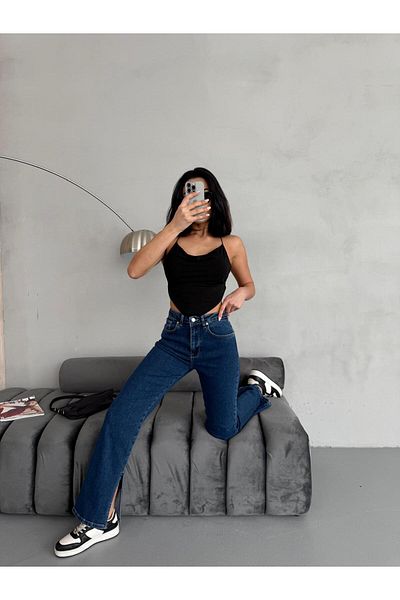 Zeo Basic Slit Detail Pipe Leg Dark Blue Lycra Jean