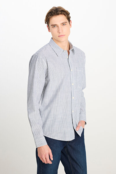 Lee %100 Pamuk Relaxed Fit Geniş Kesim Çizgili Ekru Gömlek